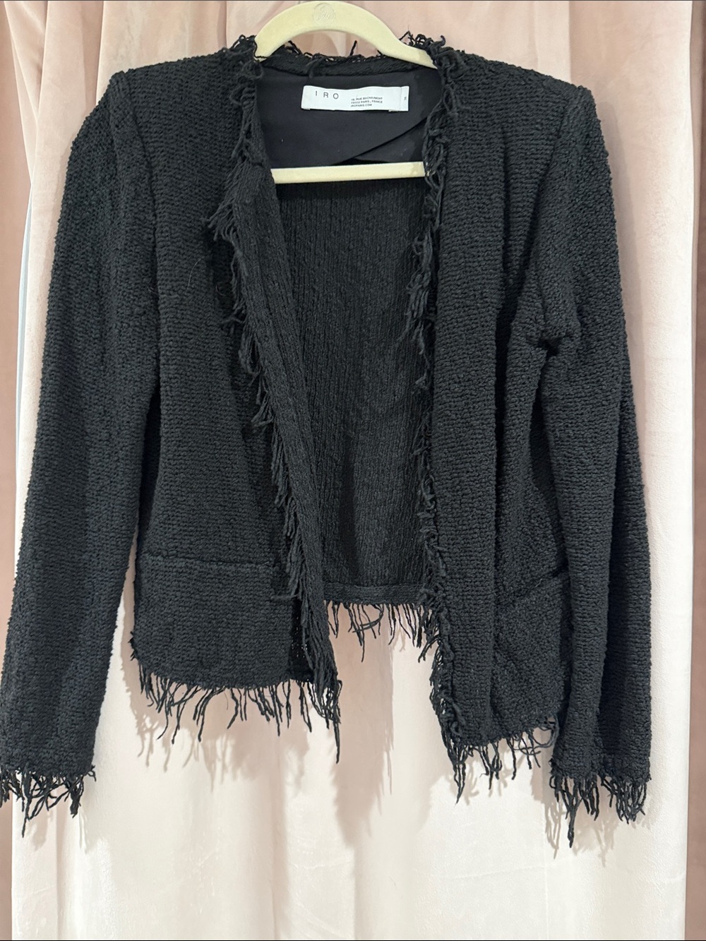 IRO Black Fringed Open-Front Knit Cardigan